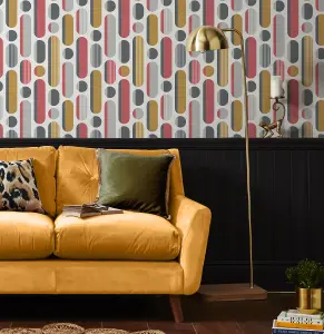 Envy Morse Red, Grey & Mustard Geometric Smooth Wallpaper