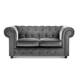 Ashbourne Chesterfield Large Grey Velvet Fabric 2 Seater Sofa Studded Design