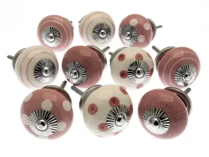 MangoTreeKnobs - Mixed Set of 10 x Dusty Pink and White Spots and Stripes and Crackle Ceramic Cupboard Knobs (MG-730)