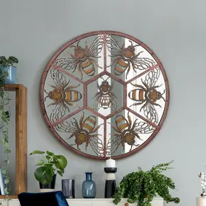 MirrorOutlet The Kirkby Rustic Metal Round Bumble Bee Decorative Wall Mirror 80CM X 80CM