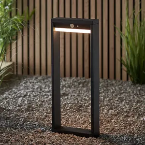 Luminosa Dannah Modern Solar Powered LED Box Shaped Bollard Lamp Textured Black, PIR Motion & Day Night Sensors, Warm White, IP44