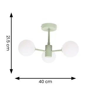 ValueLights Marlow Sage Green 3 Way Ceiling Light with White Frosted Glass Globe Lampshades