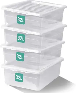 32L Underbed BPA Free Plastic Storage Boxes With Lids Set of 4, Stackable, Clear