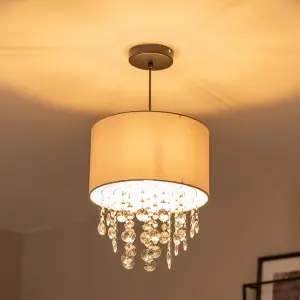 ValueLights Lulu Easy Fit Grey Fabric Acrylic Jewel Droplet Drum Ceiling Light Shade - Bulb Included