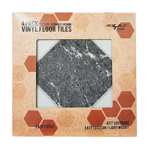 Floor Tiles Self Adhesive Vinyl Flooring Kitchen Bathroom Grey Black Marble Mosaic Pack of 4 Tiles (0.37sqm)