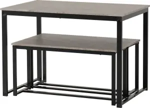 Lincoln Dining Table and 2 Bench Set Stone Effect and Black