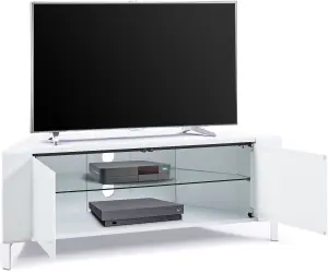 MDA Designs CORVUS Corner-Friendly White Cabinet with BeamThru Glass Doors for Flat Screen TVs up to 50"