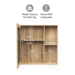 VonHaus Bathroom Mirror Cabinet, Oak Wood Effect Cabinet with Mirror with Adjustable Internal Shelf & Handleless Design, Chester