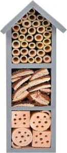 Wooden Insect Hotel with Grey - Free Standing Natural Wood Eye Catching Bug House - Hanging Outdoor Shelter