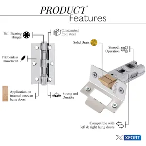 XFORT Polished Chrome Tubular Latch Door Accessory Pack, Complate with 65mm Tubular Latch and 75mm Ball Bearing Hinges