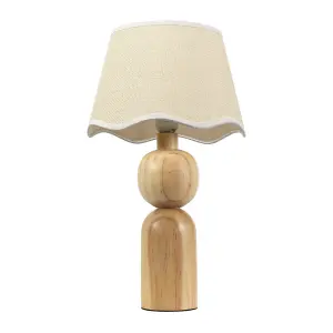 ValueLights Azalea Rustic Wooden Table Lamp with Linen Scallop White Trim Edge Shade and LED Bulb