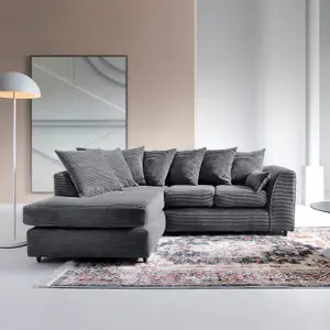 Jumbo Grey Cord Left Facing Corner Sofa for Living Room with Thick Luxury Deep Filled Cushioning