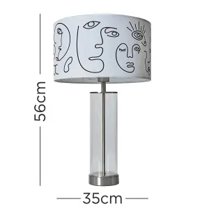 ValueLights Balan Brushed Chrome and Clear Tube Table Lamp with White Artistic Portrait Design Shade