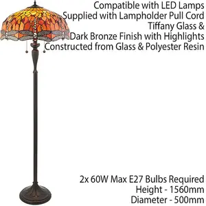 1.5m Tiffany Twin Floor Lamp Dark Bronze & Dragonfly Stained Glass Shade i00014