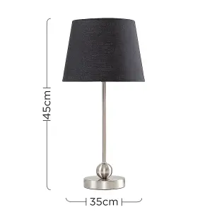 ValueLights Theydon Modern Brushed Chrome Single Stem Metal Ball Table Lamp with Black Tapered Shade