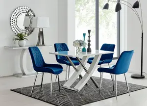 Furniturebox UK Mayfair 4 White High Gloss And Stainless Steel Dining Table And 4 Navy Pesaro Silver Leg Chairs