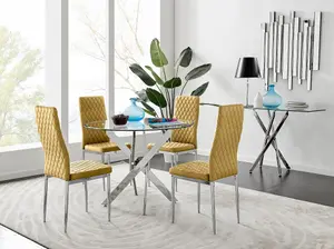 Furniturebox UK Novara Chrome Metal Round Glass Dining Table And 4 Mustard Velvet Milan Chairs