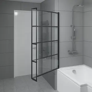 SunDaze 6mm Toughened Safety Glass L Shaped Black Grid Shower Bath Screen Fixed Return