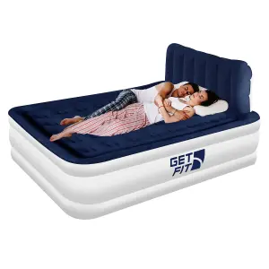 Get Fit Air Bed With Built In Electric Pump - King Quick Blow Up Airbed & 2 Inflatable Pillow - Elevated Air Mattress - White/Navy