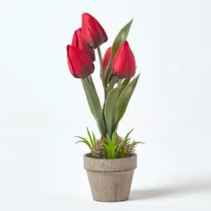 Homescapes Dark Red Artificial Tulips Grey Decorative Stone Pot, 27 cm