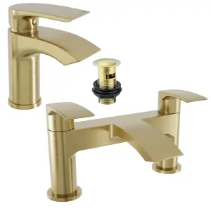 Brushed Brass Sleek Waterfall Basin & Bath Filler Tap Pack