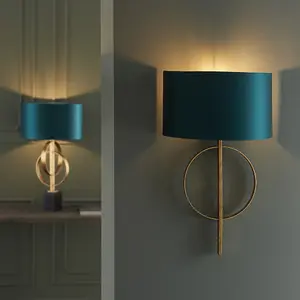 Luminosa Trento Wall Lamp Antique Gold Leaf & Teal Satin Fabric