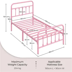 Yaheetech Pink 3ft Single Vintage Metal Bed Frame with High Headboard and Footboard