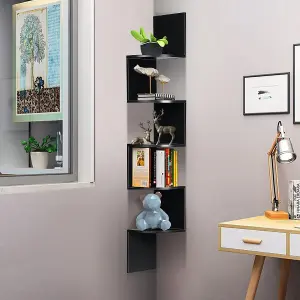 5 Tiers Wall Mount Corner DIY Wooden Shelf Floating - Black