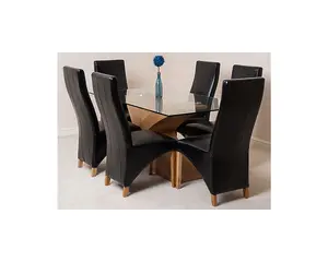 Valencia 160 cm x 90 cm Glass Dining Table and 6 Chairs Dining Set with Lola Black Leather Chairs