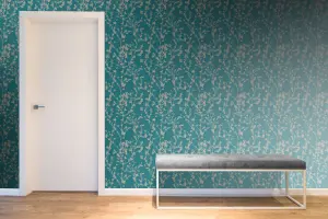 Boutique Teal Metallic effect Floral Embossed Wallpaper