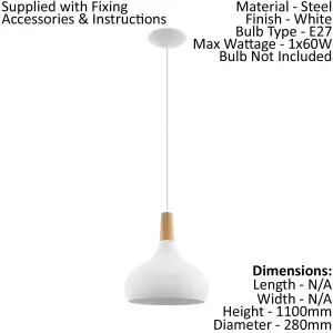 Pendant Ceiling Light Colour White Steel Shade Brown Wood Bulb E27 1x60W