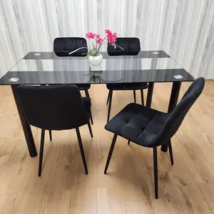 Black Clear Glass Dining Table With 4 Black Tufted Velvet Chairs Kitchen Dining Set