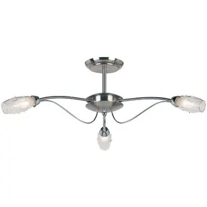 Semi Flush Ceiling Light Satin Chrome & Glass 3 Bulb Water Drop Shade Pendant