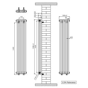 Right Radiators 1500x290 mm Vertical Traditional 2 Column Cast Iron Style Radiator Black