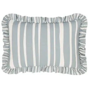 furn. Carmon Stripe Ruffle Linen/Blue Feather Filled Cushion, 40 x 60cm