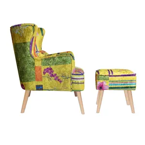 Fabric Gold Patchwork Abigail Accent Wingback Chair with Footstool