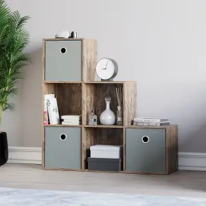 Vida Designs Durham Dark Wood 6 Cube Staircase Storage Unit & Set of 3 Grey Foldable Cube Storage Baskets