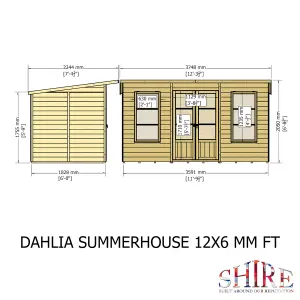 Dahlia 12x6 Pent Summerhouse with double doors and two opening windows