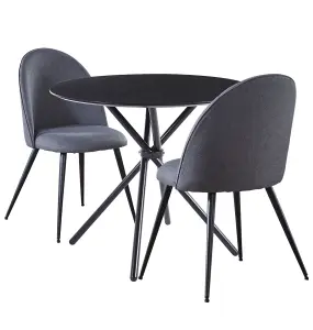 Hallowood Furniture Cullompton Small Round Black Dining Table 90cm with 2 Curved-back Grey Fabric Chairs