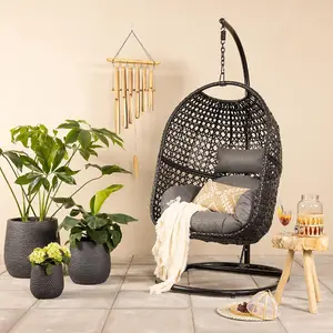 Dawsons Living Black Rattan Vienna Outdoor Hanging Garden Egg Chair - Wicker Weave Swing Hammock & Stand