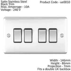 4 Gang Quad Light Switch SATIN STEEL 2 Way 10A Black Trim & Metal Rocker