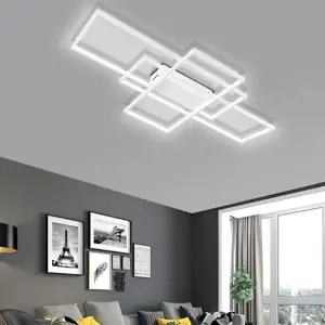 3 Lights White Neutral Style Rectangular LED Semi Flush Ceiling Light Fixture 90cm Cool White