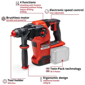 Einhell Cordless Rotary Hammer Drill 36V 3.2J Power X-Change With Carry Case Drill Impact Chisel HEROCCO 36/28 - Body Only