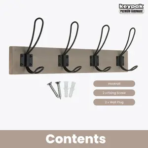 keypak Rustic Wall Mounted Coat Rack, Vintage Double Wire Coat Hooks on Wooden Base, Fixings Included (4 Hooks, Light Grey Ash)