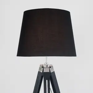 ValueLights Clipper Black Wood and Silver Chrome Tripod Floor Lamp with Black Tapered Light Shade with 6w LED GLS Bulb