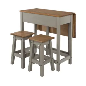 Corona breakfast drop leaf table & 2 stools SET, grey waxed and Antique waxed pine