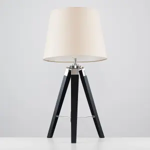 ValueLights Clipper Modern Black Wood and Silver Chrome Tripod Table Lamp with Beige Light Shade