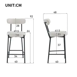 Set of 2 Bar Stools, Upholstered Barstools with Curved Back, Upholstered Boucle Chair for Dining Room, Living Room, Cream White