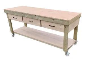 Wooden Eucalyptus hardwood top workbench, tool cabinet with drawers (V.1) (H-90cm, D-70cm, L-240cm) with wheels