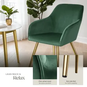 Chair Marilyn - with armrests, padded, velvet look, golden steel legs - dark green/gold